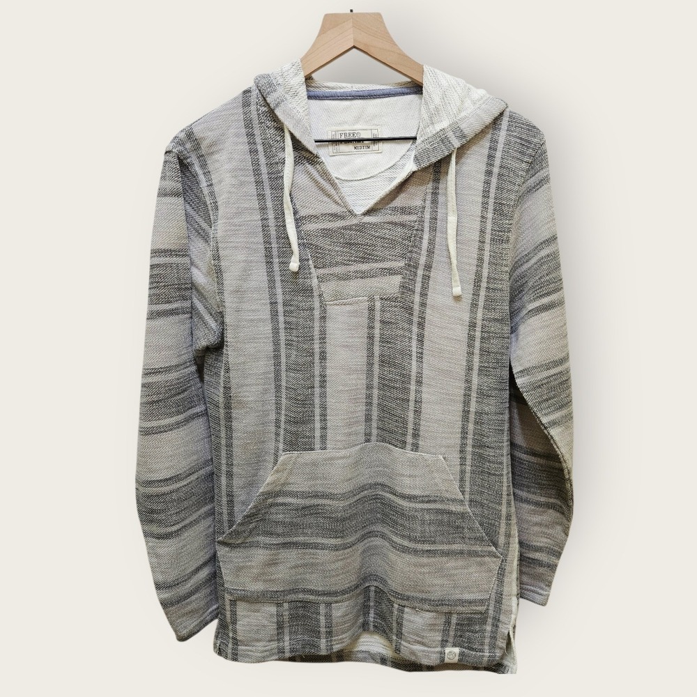 Free Planet Baja Hoodie Pullover Striped Gray White Medium Cotton Blend Casual